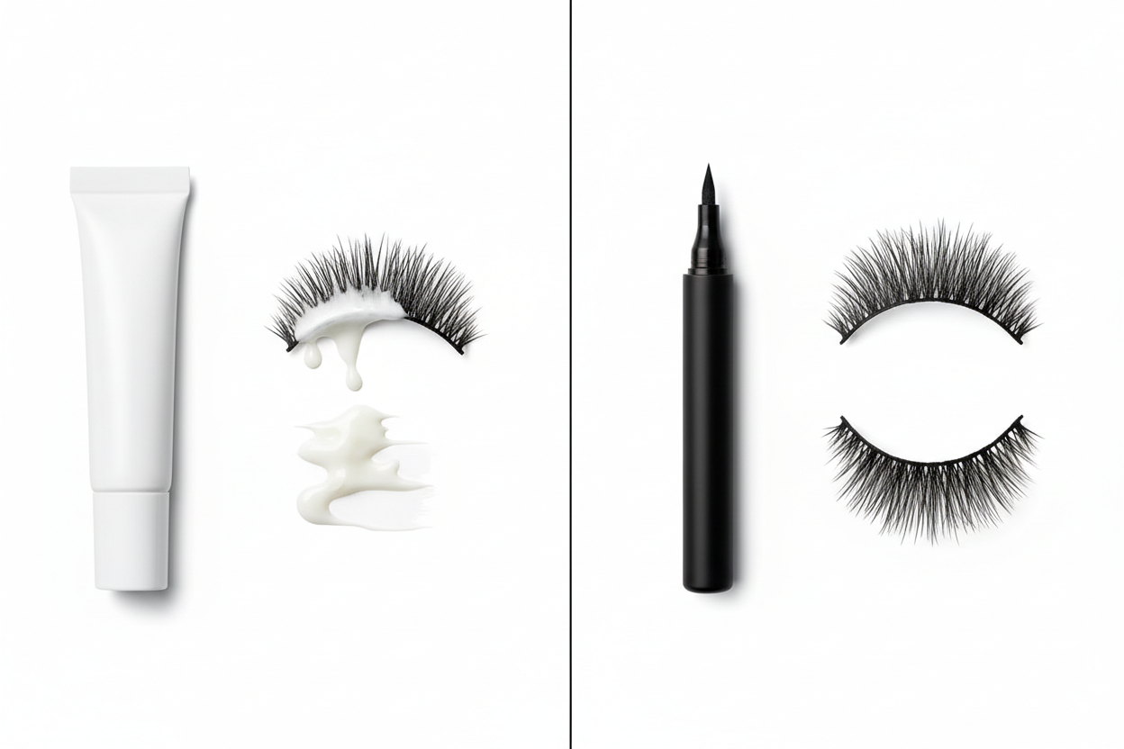Une image avec un côté un tube de colle blanche normale pour faux cils sans marque et un faux cil à côté avec de la colle qui en dégouline et d’un autre côté un stylo eye liner tout noir sans marque à côté d’un faux cil