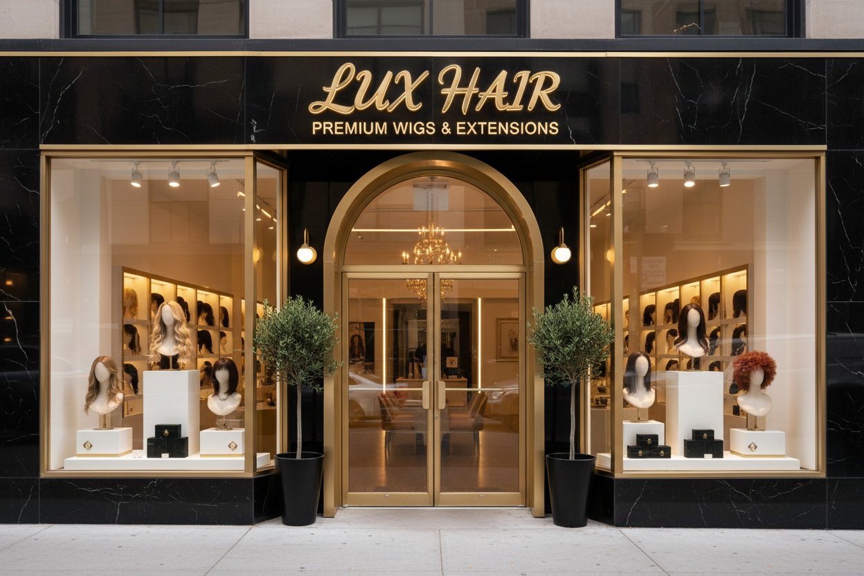 Devanture d’un magasin de perruques de cheveux appelé LUX HAIR