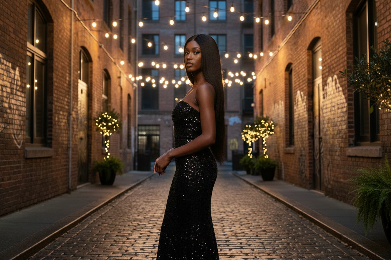 Elle est de profil, elle regarde la caméra.