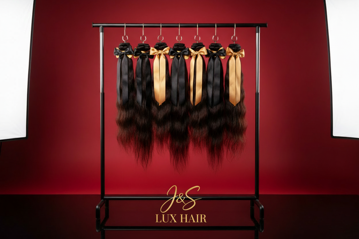 En dessous en doré le logo J&S en script et LUX HAIR.