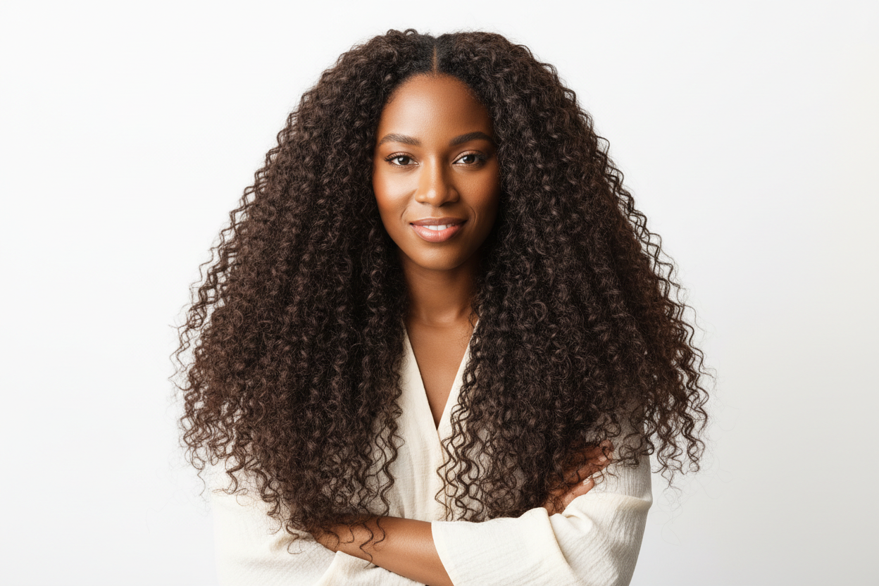 Femme noire devant un fond blanc avec des cheveux curly jusqu’au dos une raie au milieu