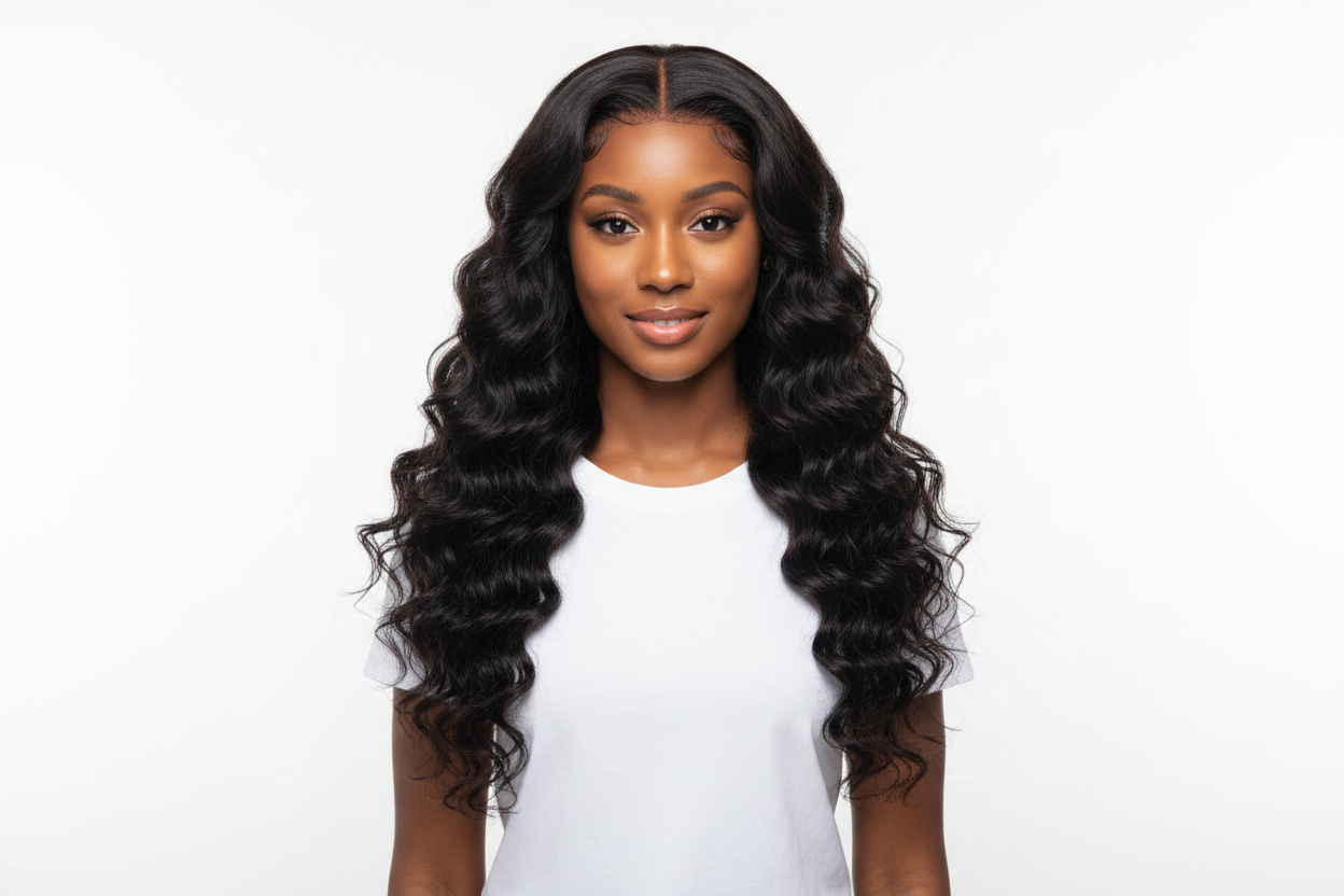 Jeune femme noire devant un fond blanc et un t shirt blanc manche courte portant une perruque deep wave