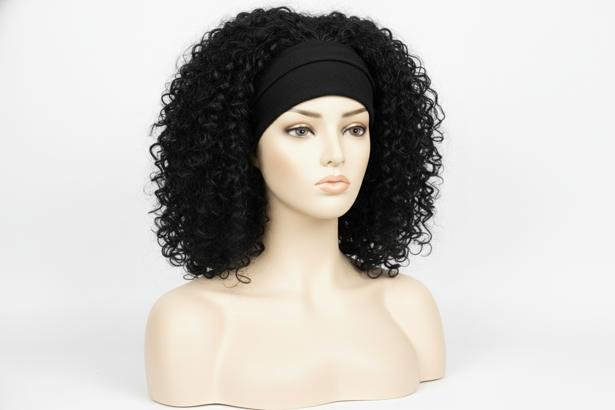 Tête de perruque avec cheveux noirs bouclés et un bandeau noir simple en coton épais à l’avant de la tête
