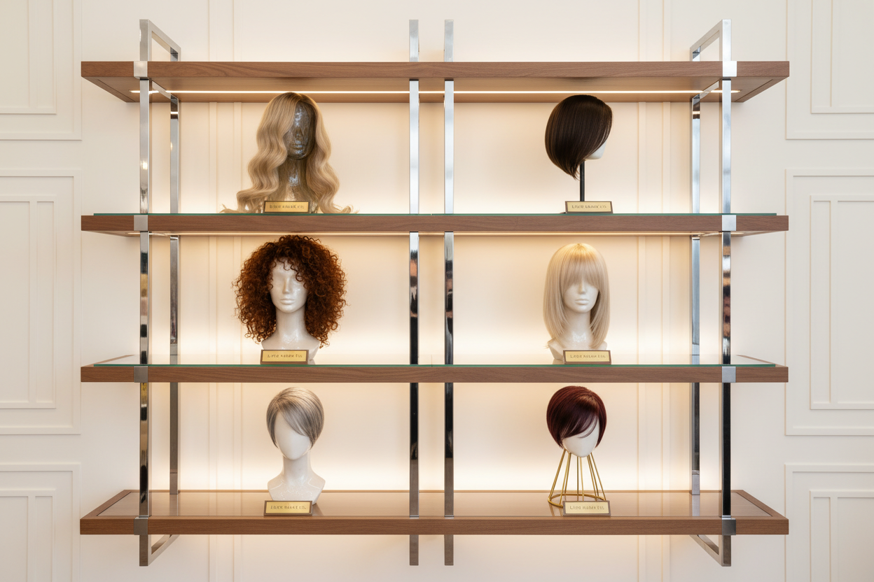 Étagère murale de perruques de cheveux de luxe