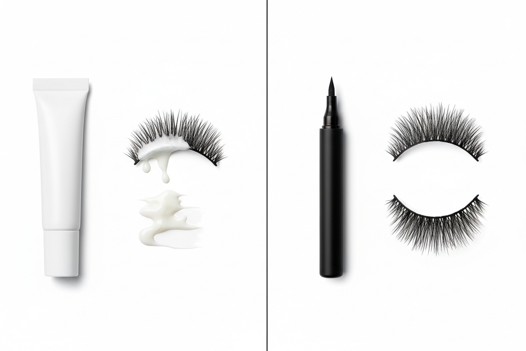 Une image avec un côté un tube de colle blanche normale pour faux cils sans marque et un faux cil à côté avec de la colle qui en dégouline et d’un autre côté un stylo eye liner tout noir sans marque à côté d’un faux cil