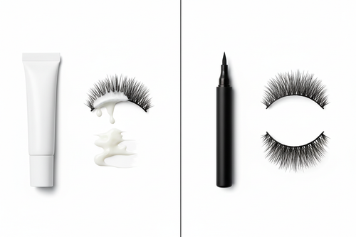 Une image avec un côté un tube de colle blanche normale pour faux cils sans marque et un faux cil à côté avec de la colle qui en dégouline et d’un autre côté un stylo eye liner tout noir sans marque à côté d’un faux cil